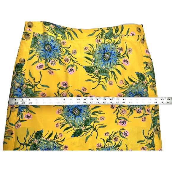 Madewell Silk Skirt Womens 12 Yellow Gold Floral Side Button Painted Blooms Midi - Picture 9 of 13